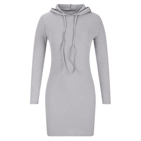 Midi, Simple, Classic, Long Sleeve, Bodycon, Grey Hoodie Dress - Picture 2 of 7